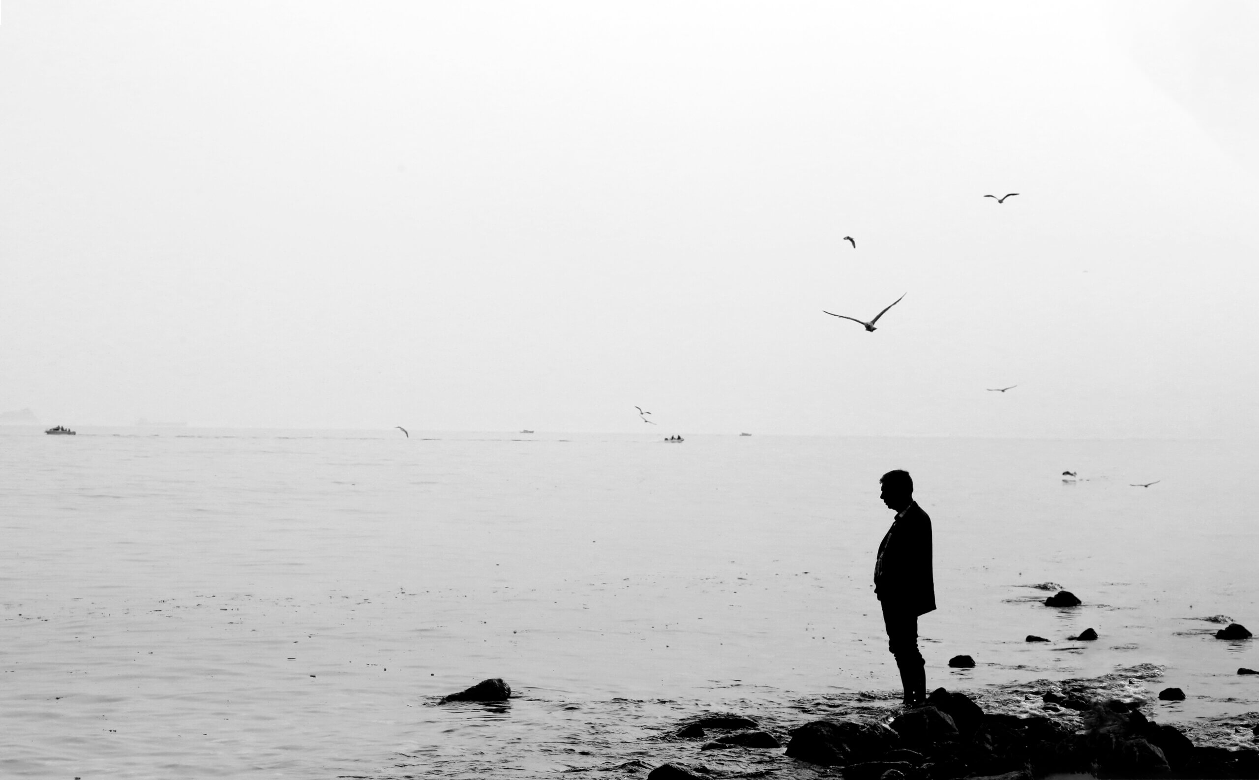silhouette of man standing on rock near body of water during daytime